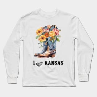 I Love Kansas Boho Cowboy Boots with Flowers Watercolor Art Long Sleeve T-Shirt